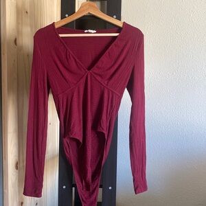 Burgundy red maroon low neck bodysuit ribbed